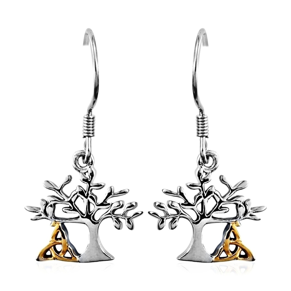 Tree of Life ✦ Drop Earrings ✦ Platinum Over 925 Silver w/ 14k Celtic Knot 2.75g